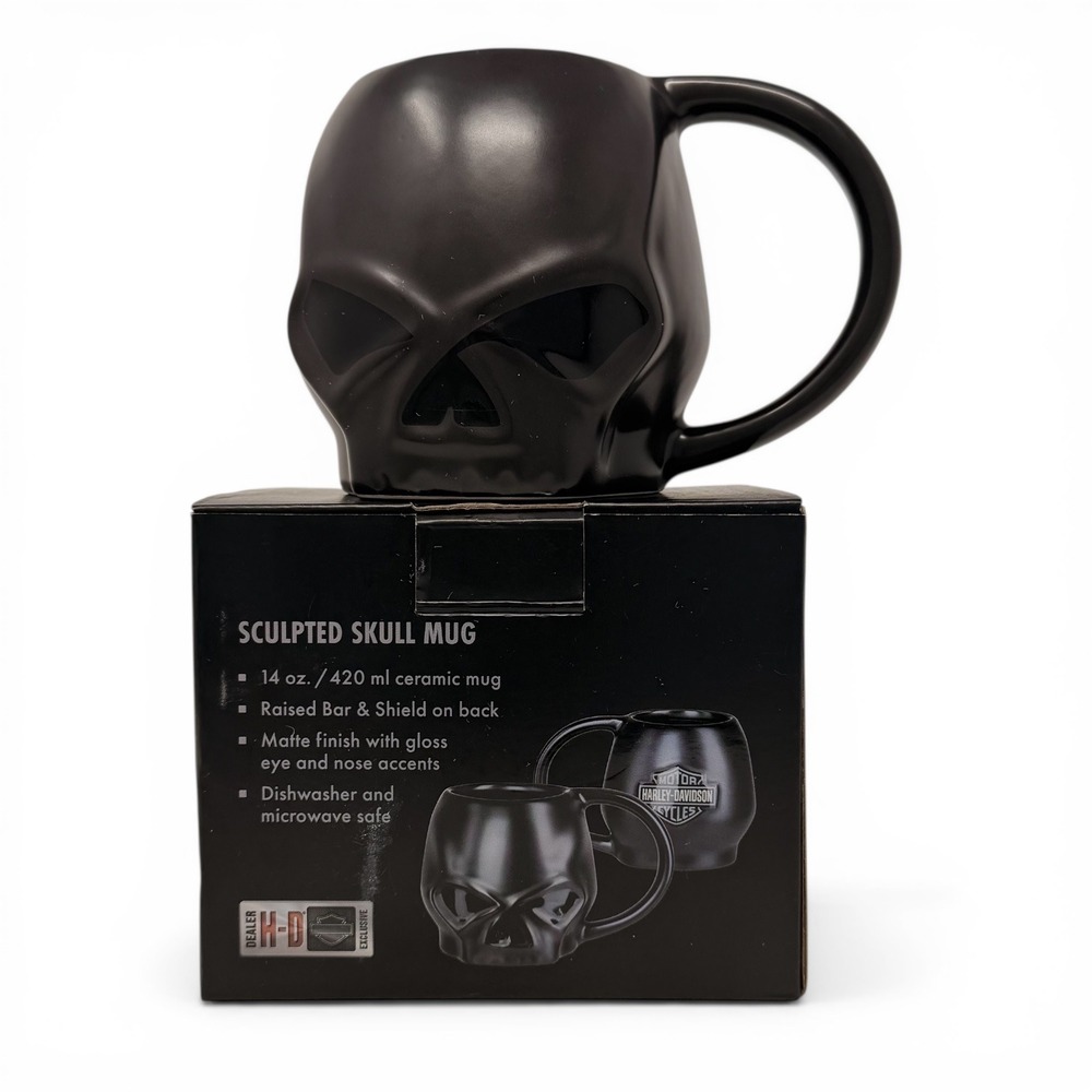 Harley-Davidson Matte Black Sculpted Skull Mug 14oz NIB Raised Bar & Shield - Picture 2 of 11